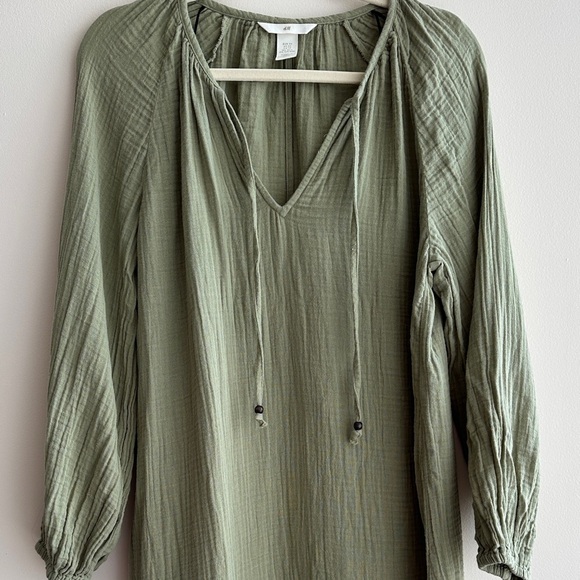 H&M Tunic Dress, Khaki Green, 100% Cotton Long Sleeve Shirt Dress, Size XS - Picture 2 of 16